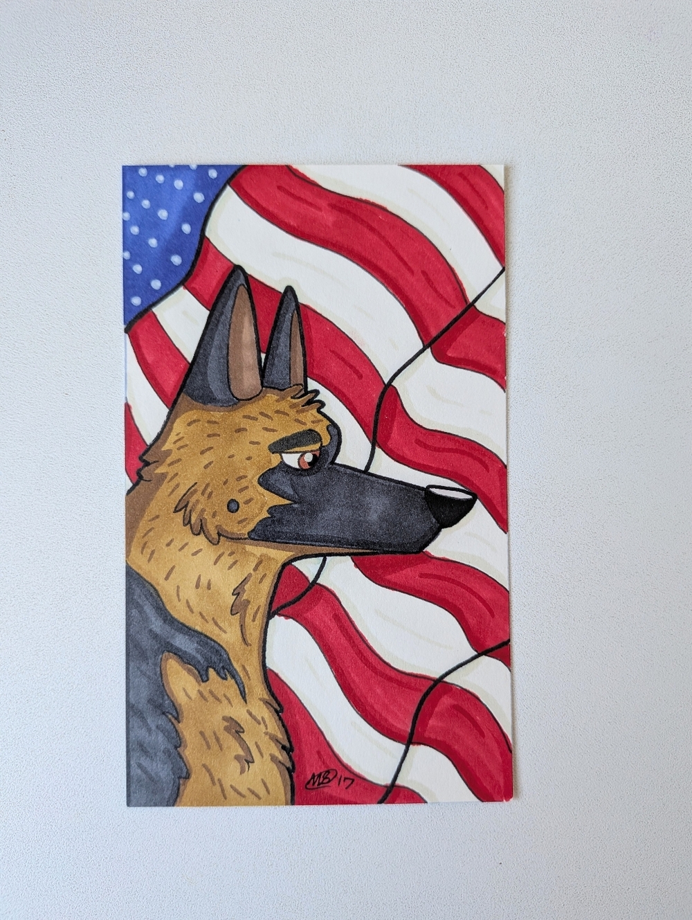 Original Dogcember German Shepherd with American Flag 3×5 Marker Illustration